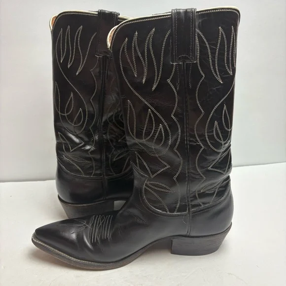 Justin Black Leather Cowboy Boots Embroidered Pointy Toe Snip Mens size 7.5 D